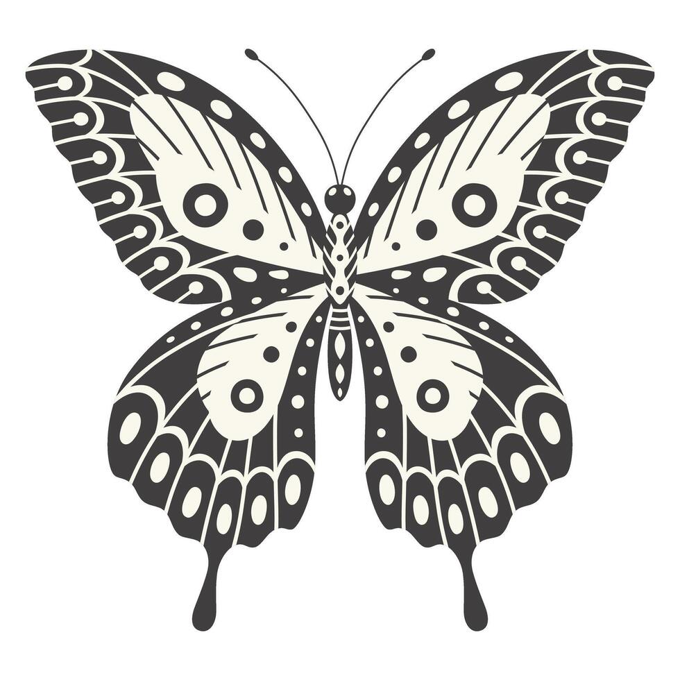 Butterfly vector illustration. Y2k style aesthetic, wing shapes in front view, a magic ornamental symbol. Black and white monochrome element, tattoo graphic print with pattern
