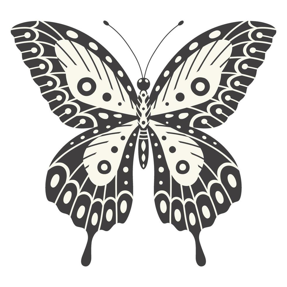 Butterfly vector illustration. Y2k style aesthetic, wing shapes in front view, a magic ornamental symbol. Black and white monochrome element, tattoo graphic print with pattern