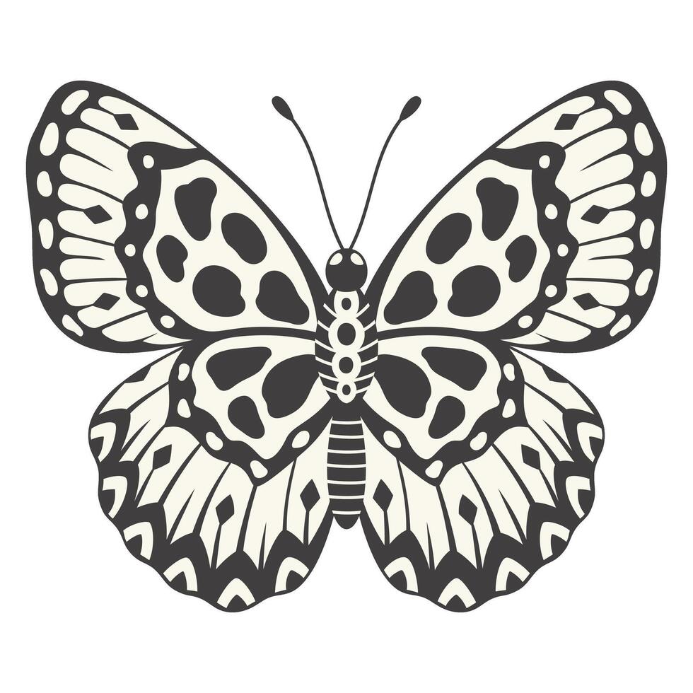 Butterfly, vector illustration. Y2k style aesthetic, wings shape in front view, magic ornamental symbol. Black and white element, tattoo graphic print