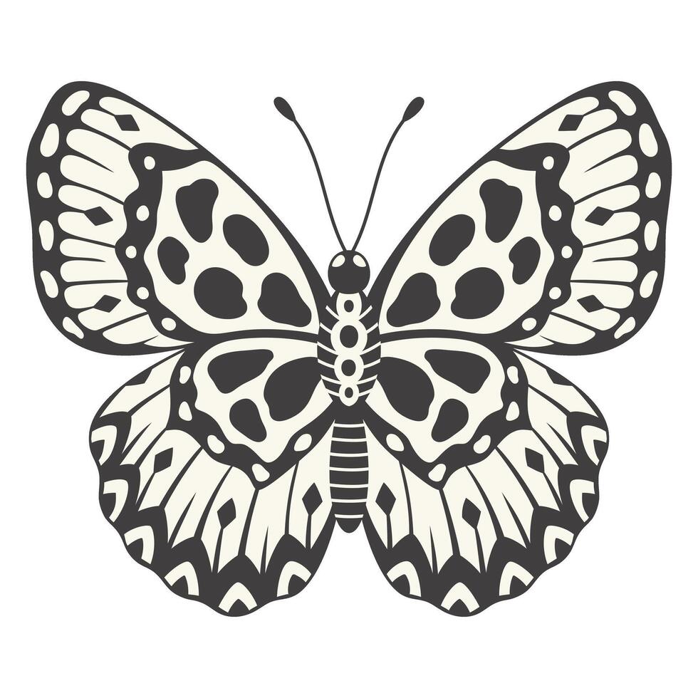 Butterfly, vector illustration. Y2k style aesthetic, wings shape in front view, magic ornamental symbol. Black and white element, tattoo graphic print