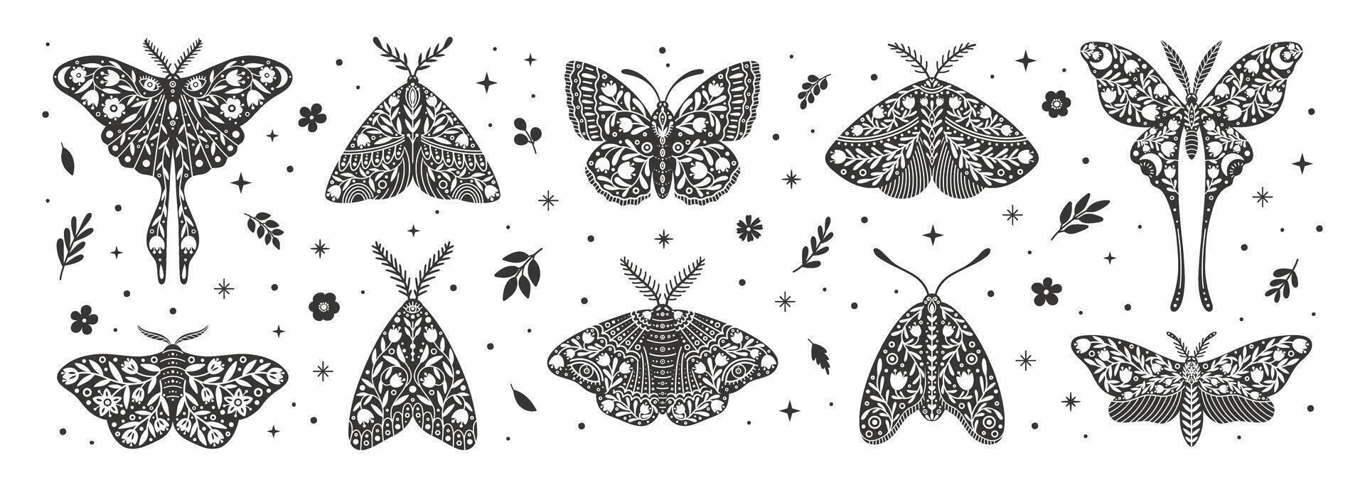 mariposa íconos con floral ornamento. Clásico negro y blanco místico mariposas o polillas conjunto de celestial siluetas de insectos, flores, y hojas, vector ilustración