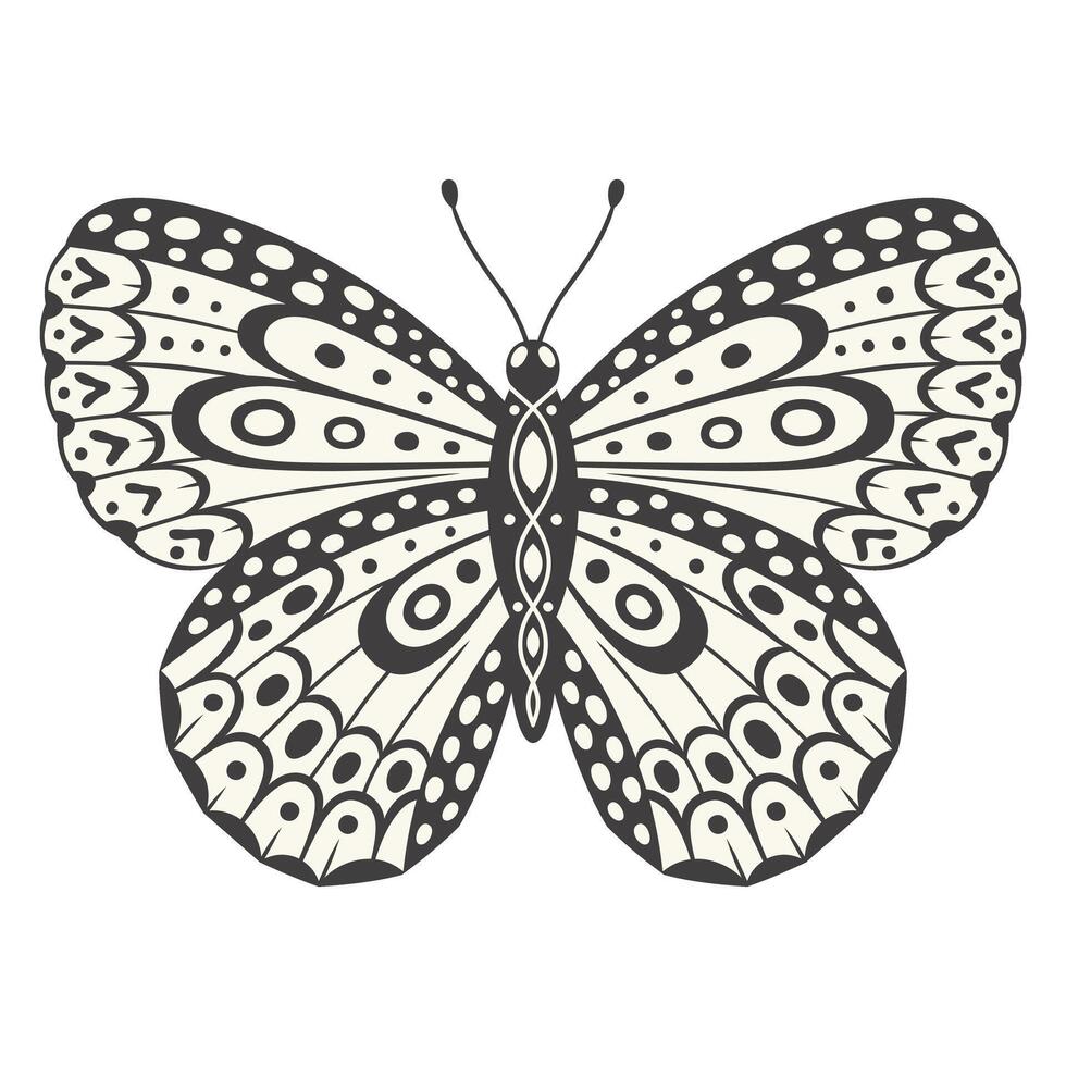 Butterfly illustration, vector. Y2k style aesthetic, wing shapes in front view, a magic ornamental symbol with dots and lines pattern. Black and white monochrome element, tattoo graphic print vector