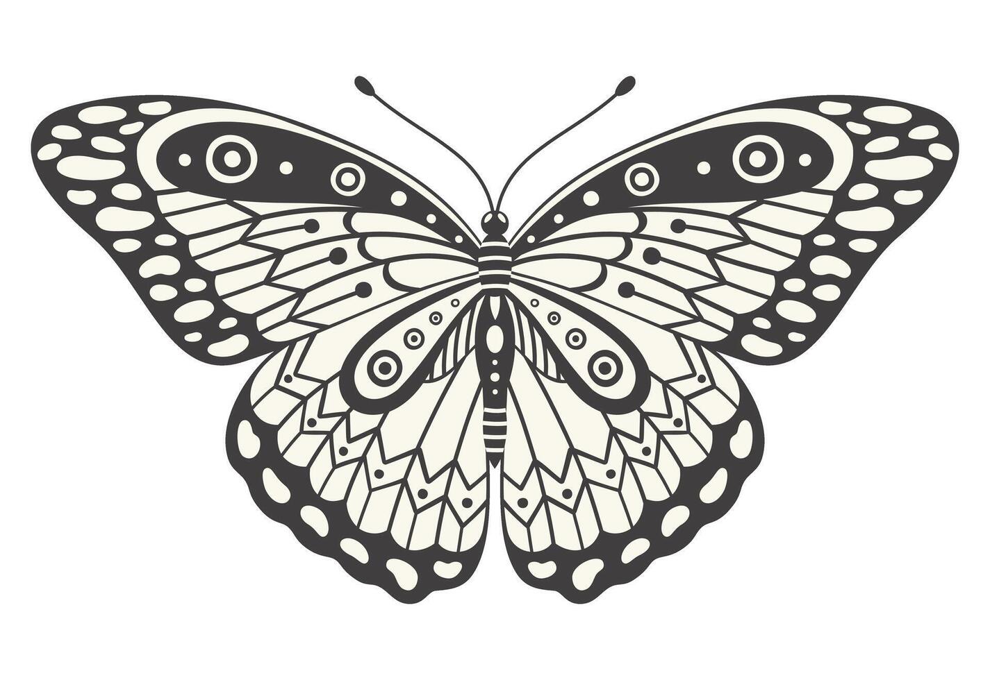 Monarch butterfly, vector illustration. Y2k style aesthetic, wing shapes in front view, a magic ornamental symbol. Black and white monochrome element, tattoo graphic print with pattern