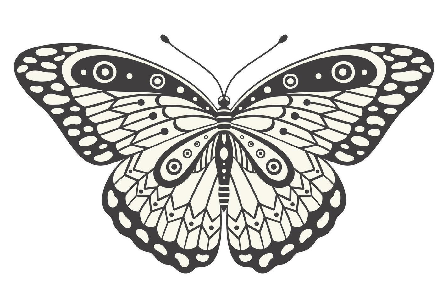 Monarch butterfly, vector illustration. Y2k style aesthetic, wing shapes in front view, a magic ornamental symbol. Black and white monochrome element, tattoo graphic print with pattern