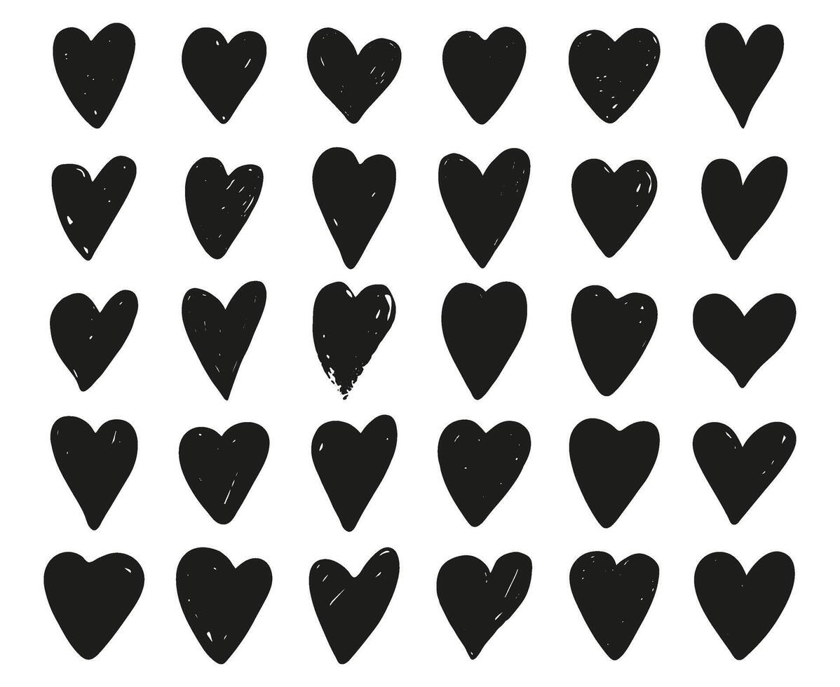 corazones colocar. símbolos de San Valentín día, amar, romántico. dibujado a mano negro corazones, tinta grunge arte, vector ilustración
