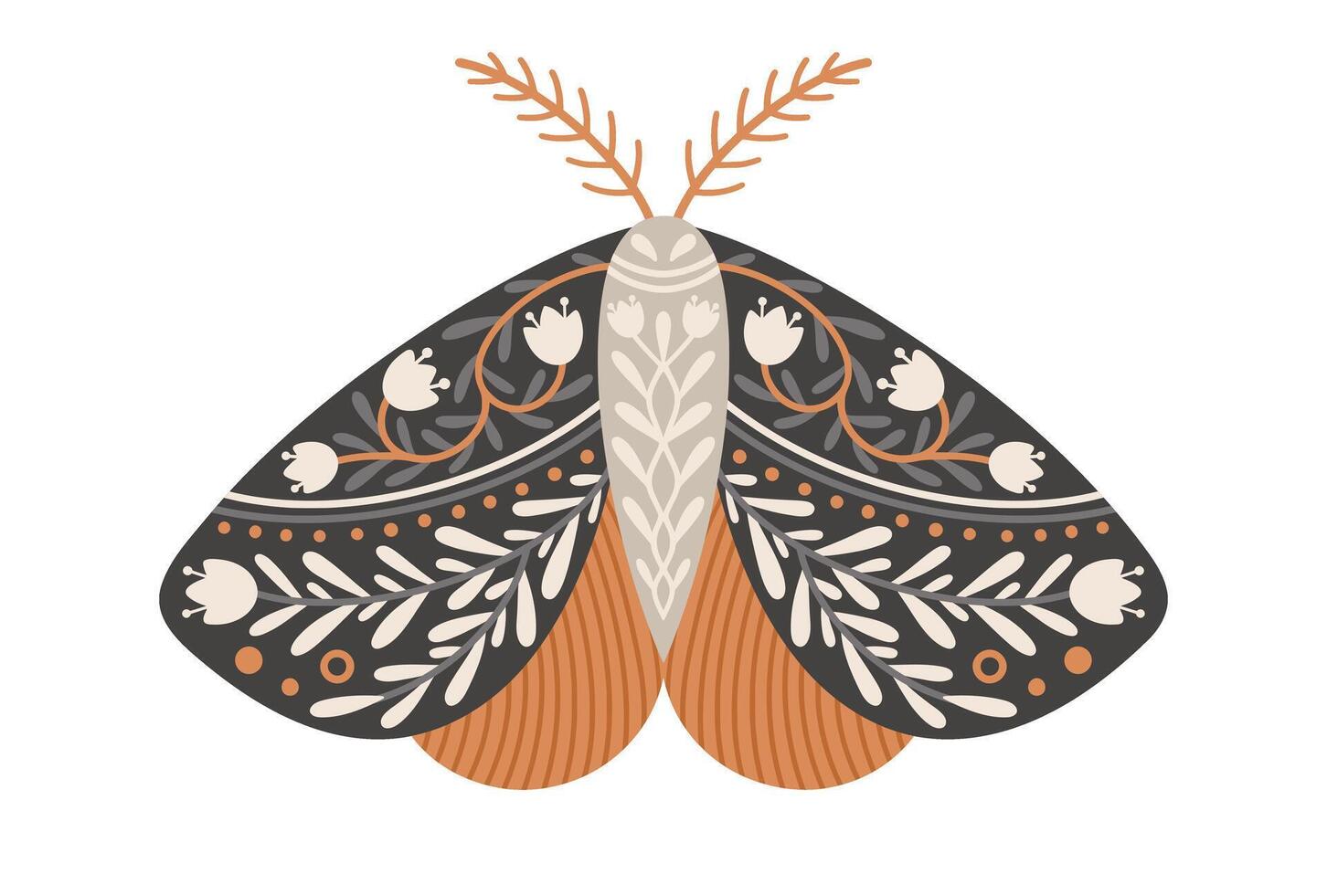 Butterfly icon with floral ornament. Vintage mystical butterfly or moth. Flying celestial insect, vector illustration