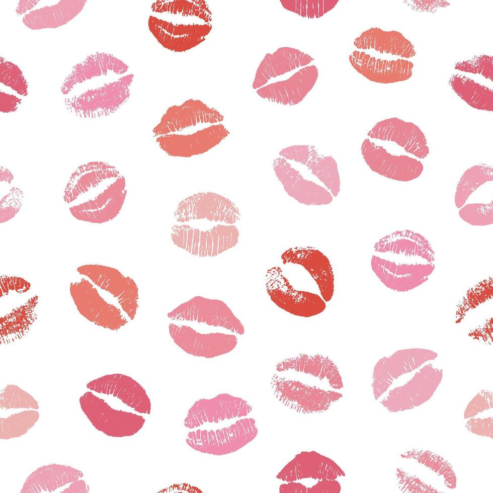 Seamless pattern of pink and red kiss marks. Lip prints for Valentine's Day, romantic and love backgrounds, beauty and makeup themes. Lipstick imprints, vector illustration