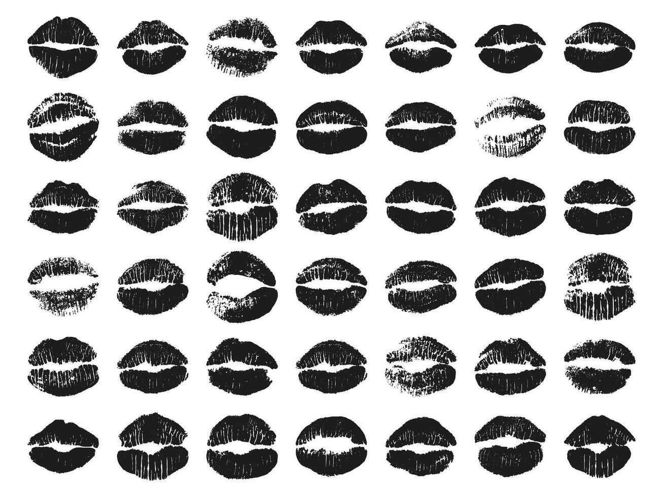 Kiss marks. Set of lip prints for Valentine's Day, Kiss Day, love, and beauty themes. Lipstick black imprints, vector illustration.