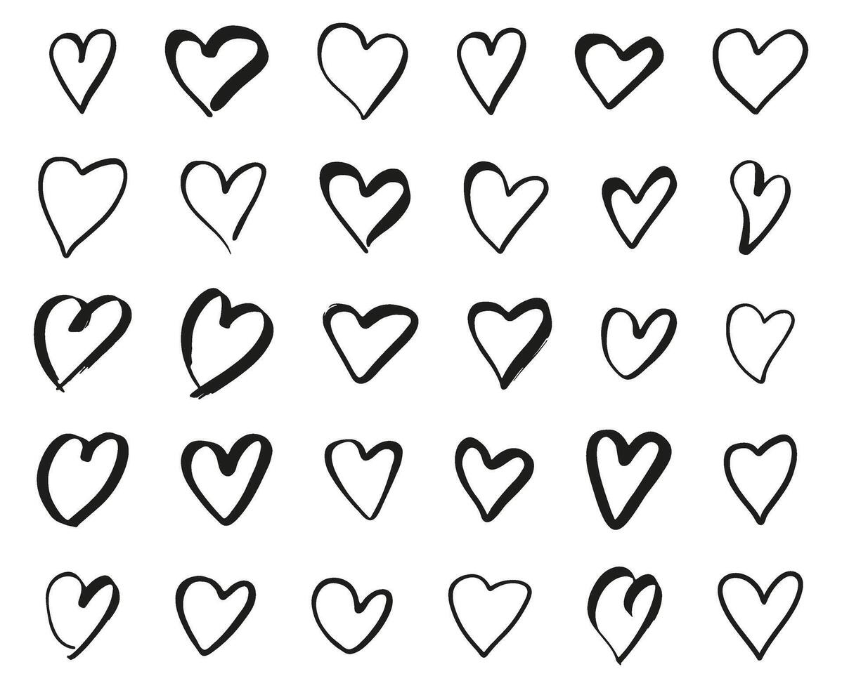 corazones garabatear colocar. símbolos de San Valentín día, amar, y romántico temas negro línea Arte corazones recopilación, vector ilustración