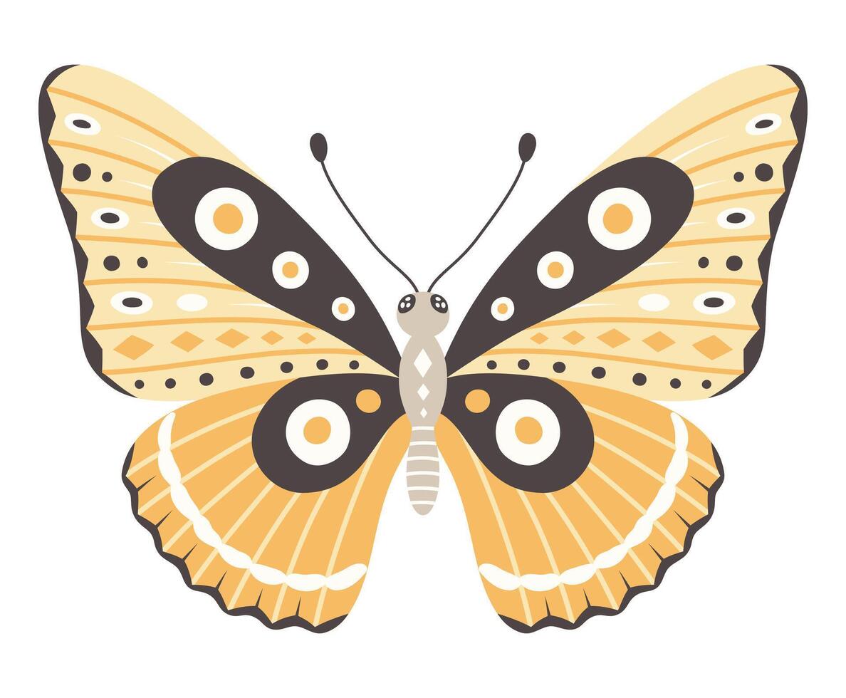 Butterfly vector illustration. Colourful yellow wings with dots ornament, front view, a symbol for tattoo design. Summer background, fly insect