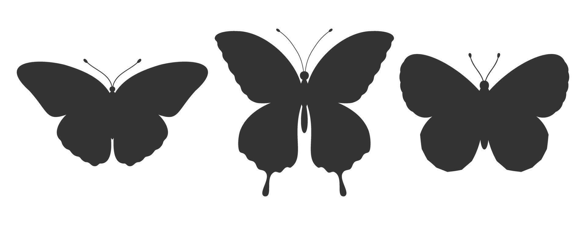 Set of three butterfly silhouettes. Insect icons, tattoos. Simple black shapes of butterflies and moths. Vector illustration