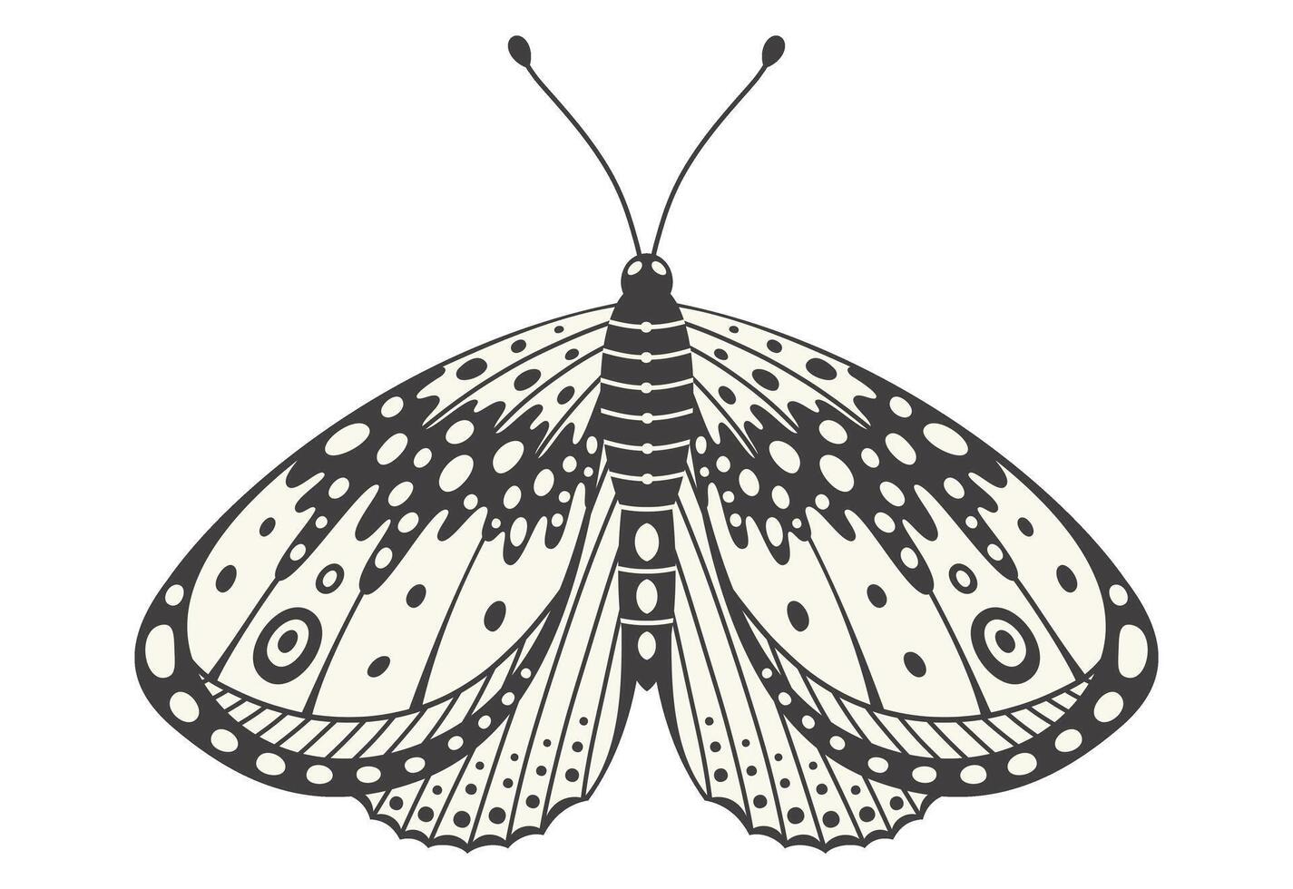 Moth or butterfly illustration. Y2k style aesthetic, wing shapes in front view, a magic ornamental symbol. Black and white element, tattoo graphic print with wave and dots abstract pattern, vector