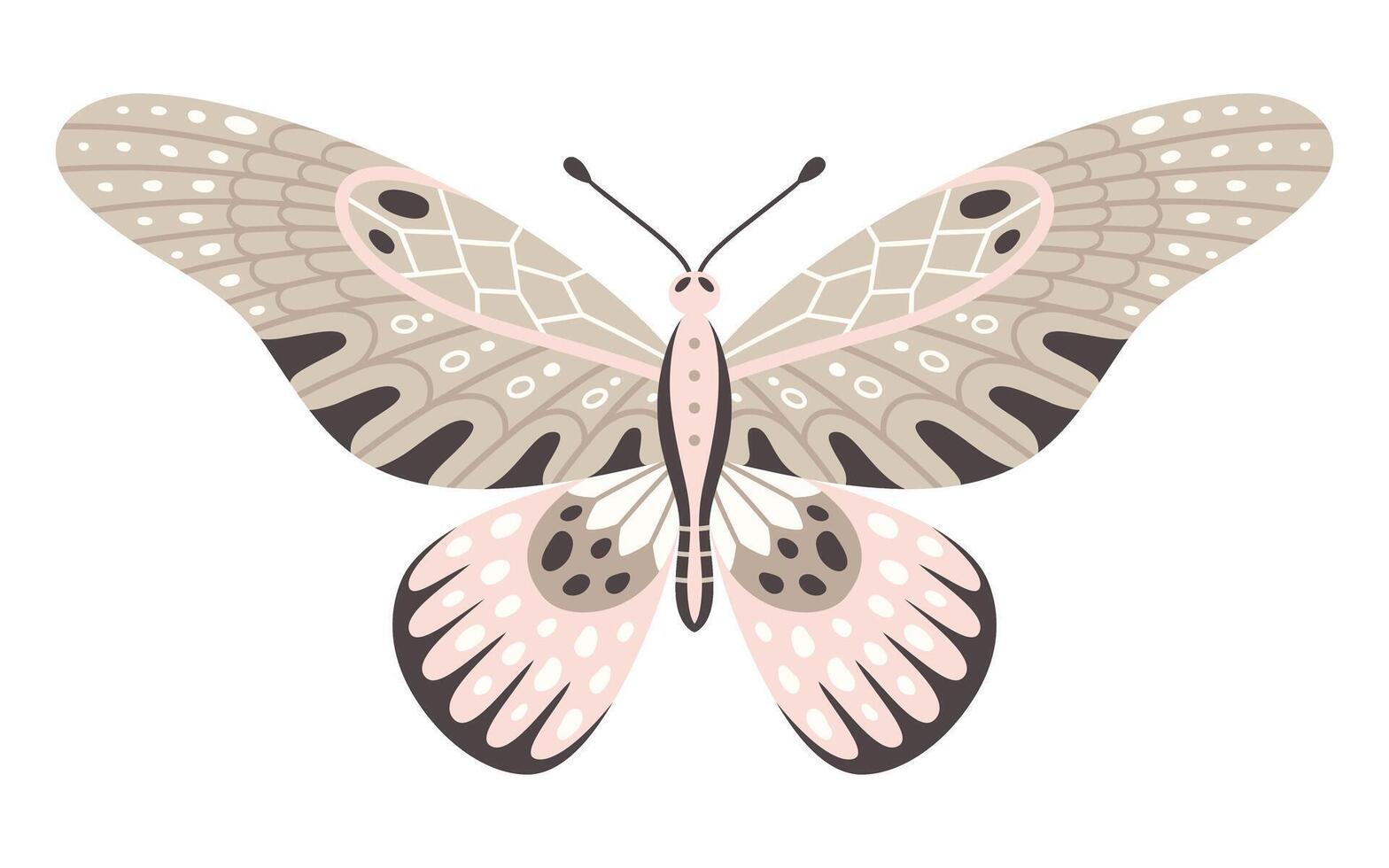 mariposa icono, vector ilustración. alas con geométrico resumen ornamento, frente vista, un símbolo para tatuaje diseño. verano fondo, mosca insecto