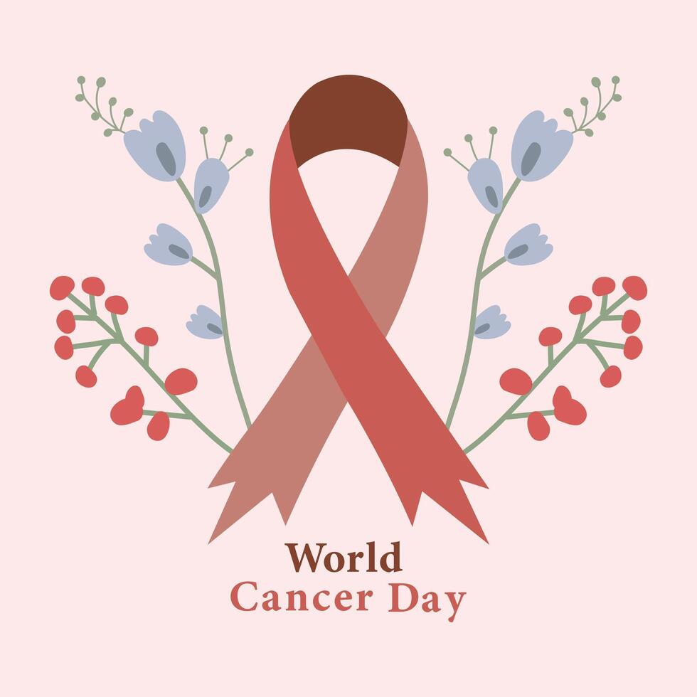 realistic world cancer awareness day ribbon and pink background with flower vector