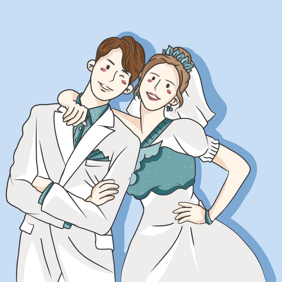 linda personaje vector ilustración de un casado Pareja en un único y sencillo Boda vestir