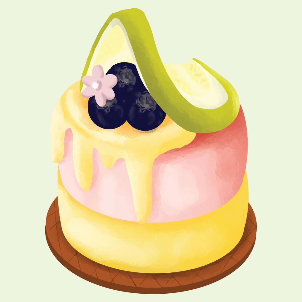 a slice of strawberry lemon cake topped with blueberries vector