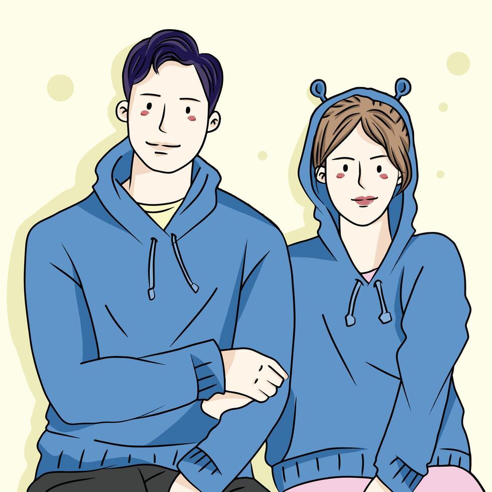 cute character vector illustration of a young couple in the same blue hoodie jacket and cute