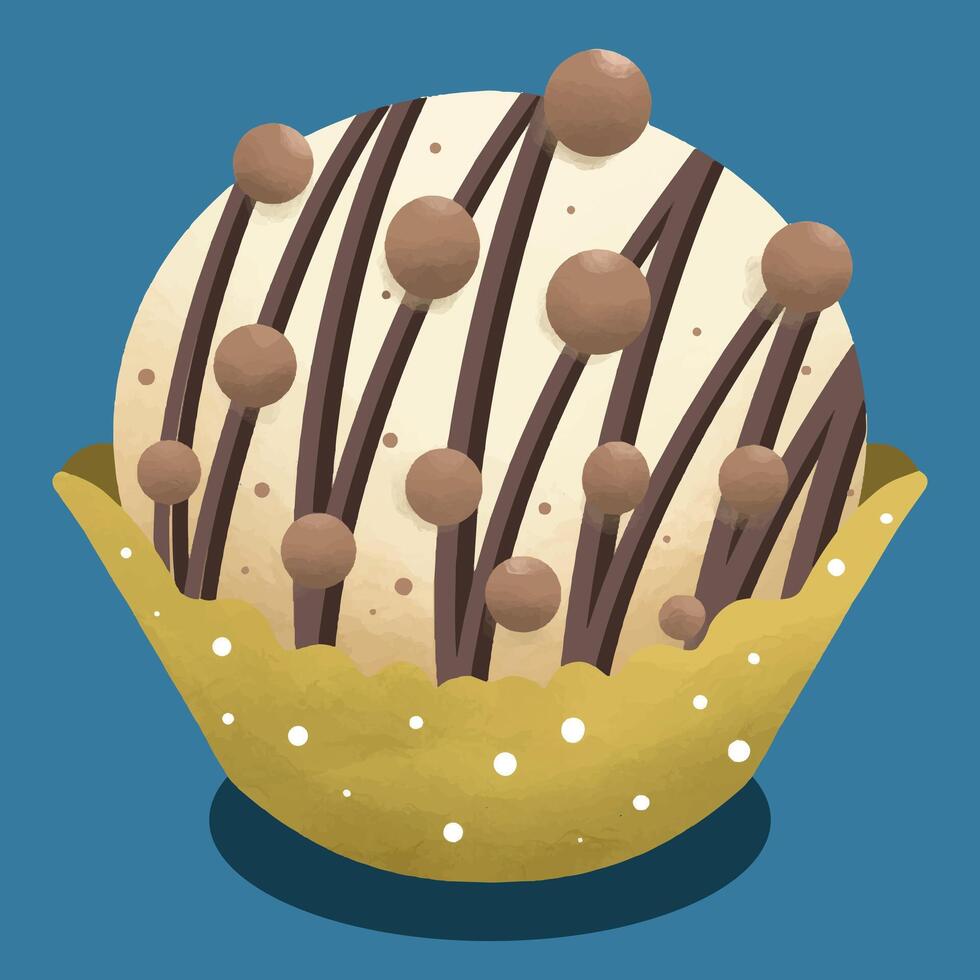 cute vector illustration of a round white chocolate cake with a chocolate ball decoration on top wrapped in yellow paper