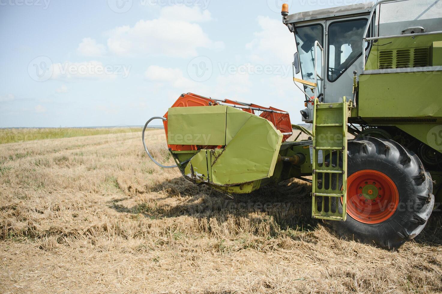 Harvester machine to harvest wheat field working. Combine harvester agriculture machine harvesting golden ripe wheat field. Agriculture. photo