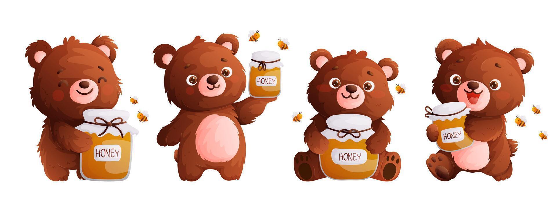 A set of four bears holding a jar of honey in their paws. Cute bear, friendly bees and honey in a glass container. Cartoon style, vector illustration