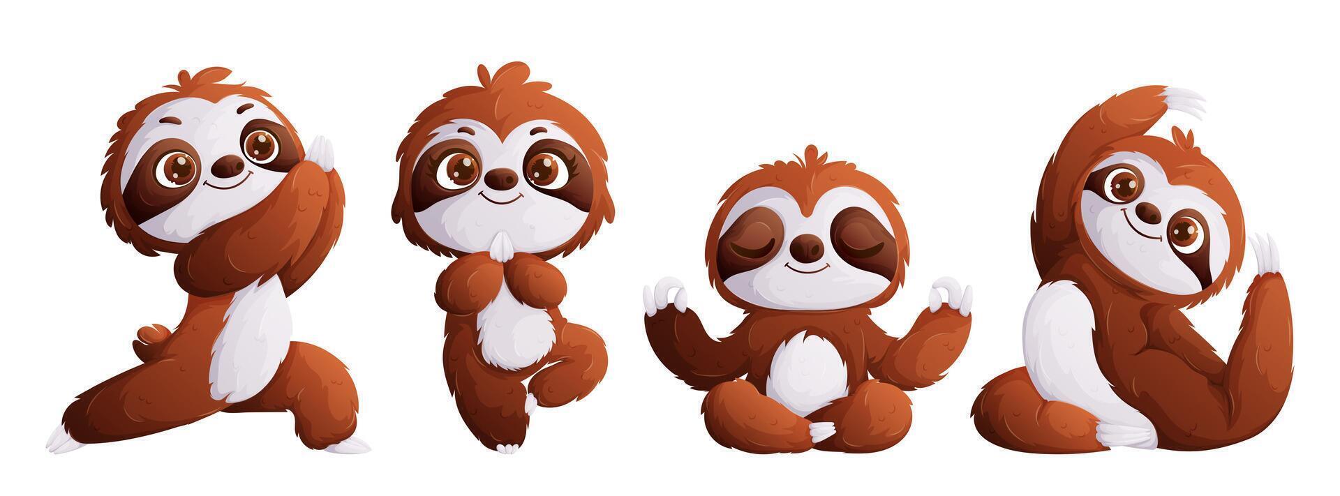 A set of four sloths doing yoga in different poses. Cute Sloth is meditating. Cartoon style, illustration vector