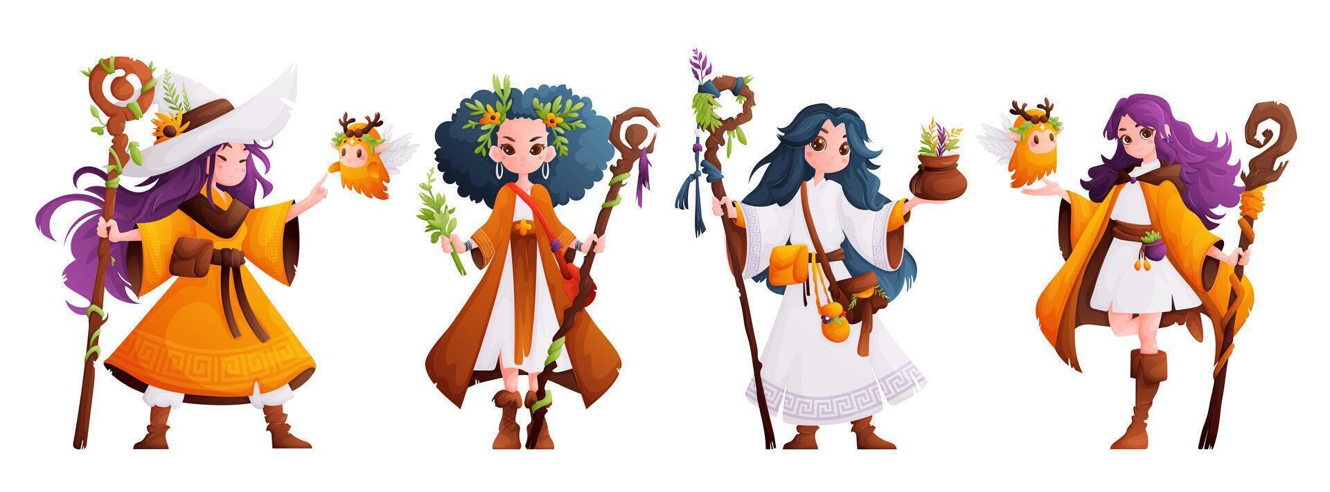 A set of four girls, guardians of the forest. Woman druid, herbalist or healer with a wooden staff. Forest keeper and curious woodland spirit. Cartoon style, vector illustration