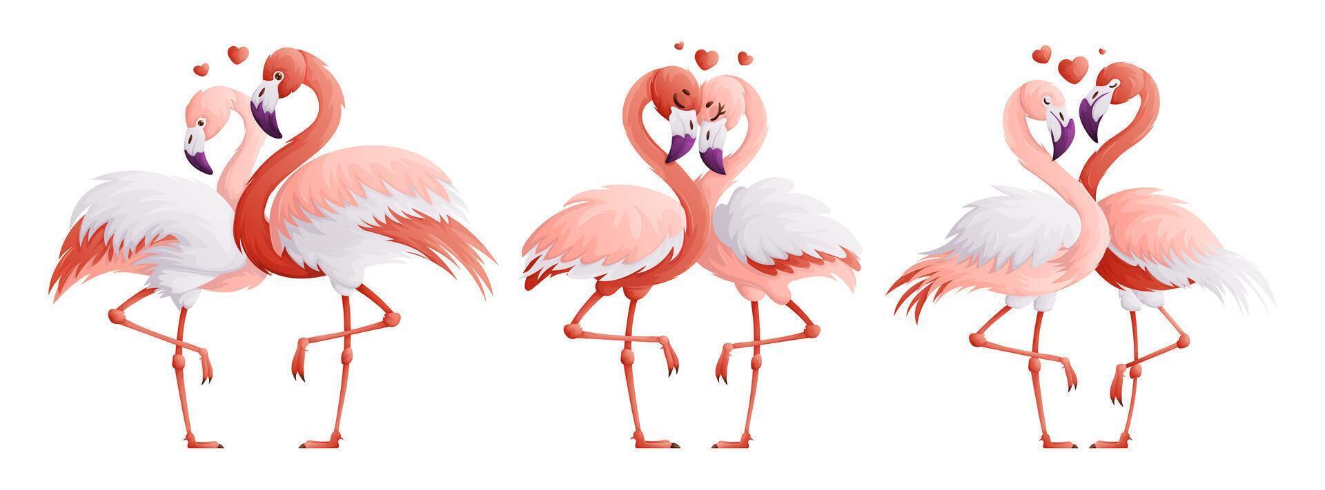 Set of pink flamingo lovers. A couple of the flamingo family, a symbol of love and devotion to each other. Cartoon style, vector illustration.