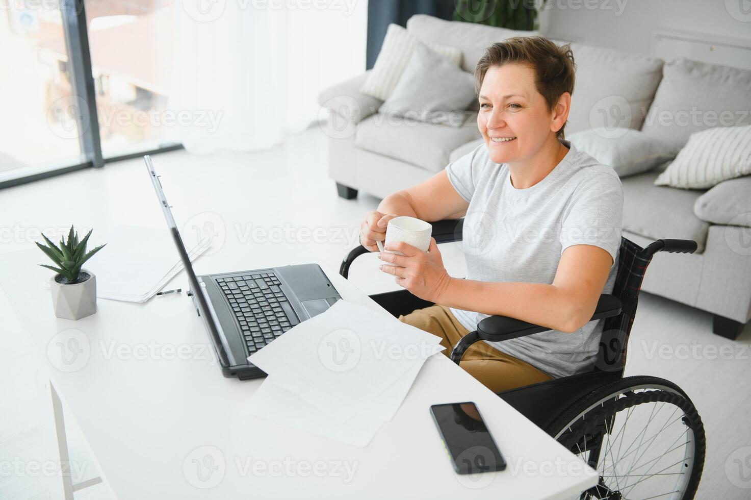 Positive elderly woman in wheelchair working on laptop, IT freelancer, online photo