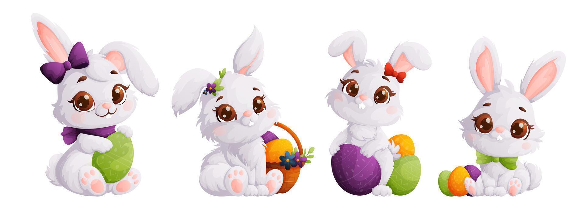 Set of white cute Easter bunnies. Fluffy bunny with festive eggs, a symbol of the Easter holiday. Cartoon style, vector illustration.