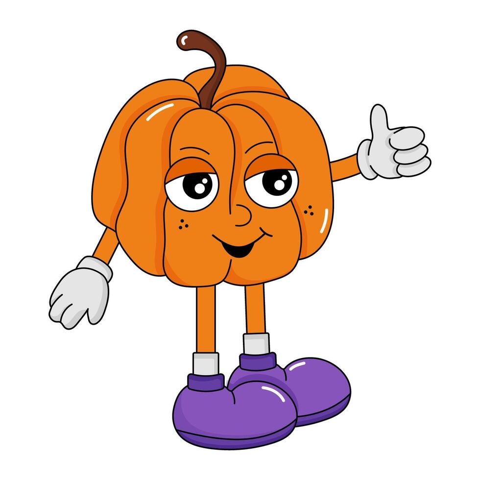 Cute groovy pumpkin character. Pumpkin for Halloween in retro style. Vintage retro character in hippie 70's style vector