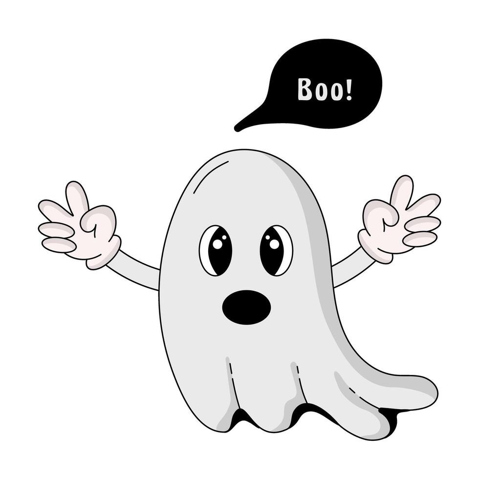 Cartoon groovy halloween ghost. Vintage retro ghost in hippie 70's style. Scary ghost character vector