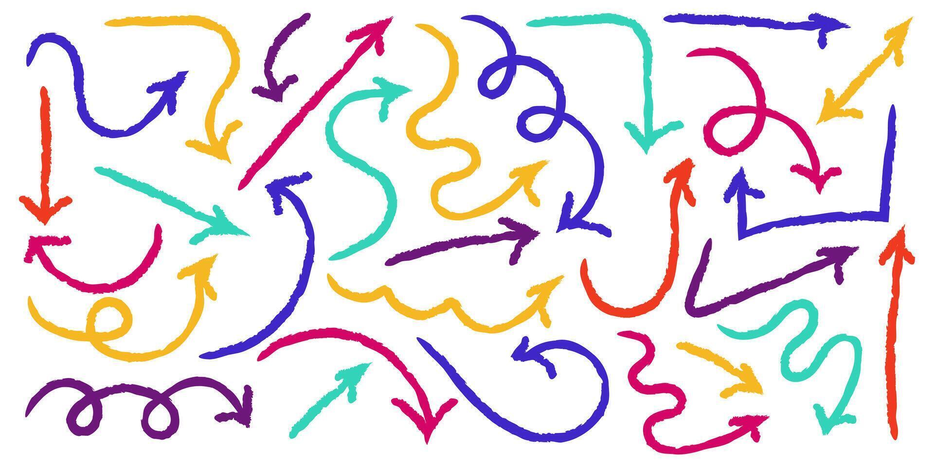 Different colorful charcoal arrows set. Set of arrows of different shapes, doodle elements. Hand-drawn charcoal arrows vector