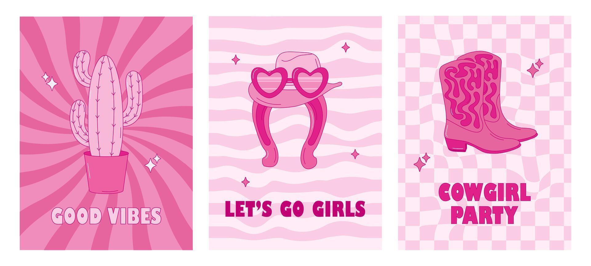 Retro pink cowgirl posters set. Set of wild west posters with illustration in pink color. Trendy retro posters with hat, revolver, glasses, horseshoe, boots vector