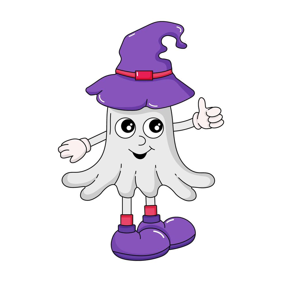 dibujos animados maravilloso Víspera de Todos los Santos fantasma. Clásico retro fantasma en hippie Años 70 estilo. fantasma personaje en un sombrero vector