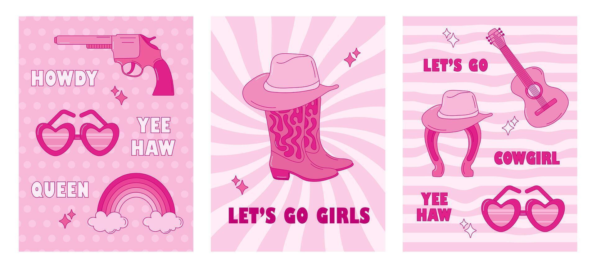 Retro pink cowgirl posters set. Set of wild west posters with illustration in pink color. Trendy retro posters with hat, revolver, glasses, horseshoe, boots vector