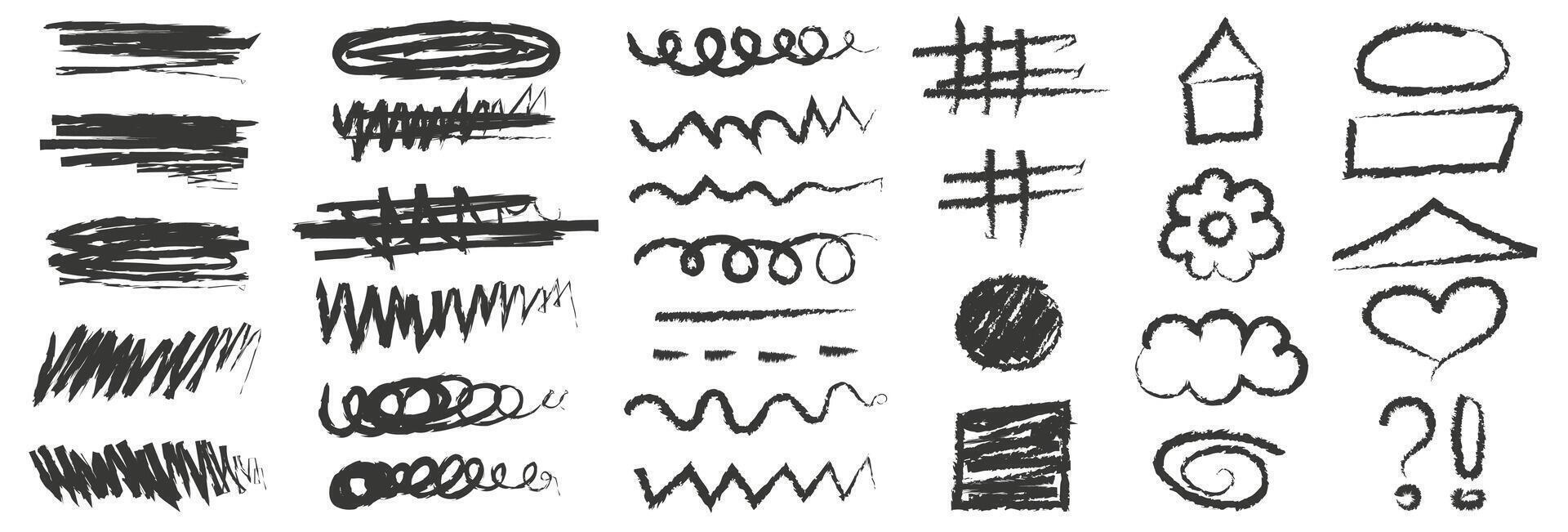 Black charcoal squiggle shapes set. Set of charcoal doodle elements. Scribble shapes with grunge charcoal texture vector