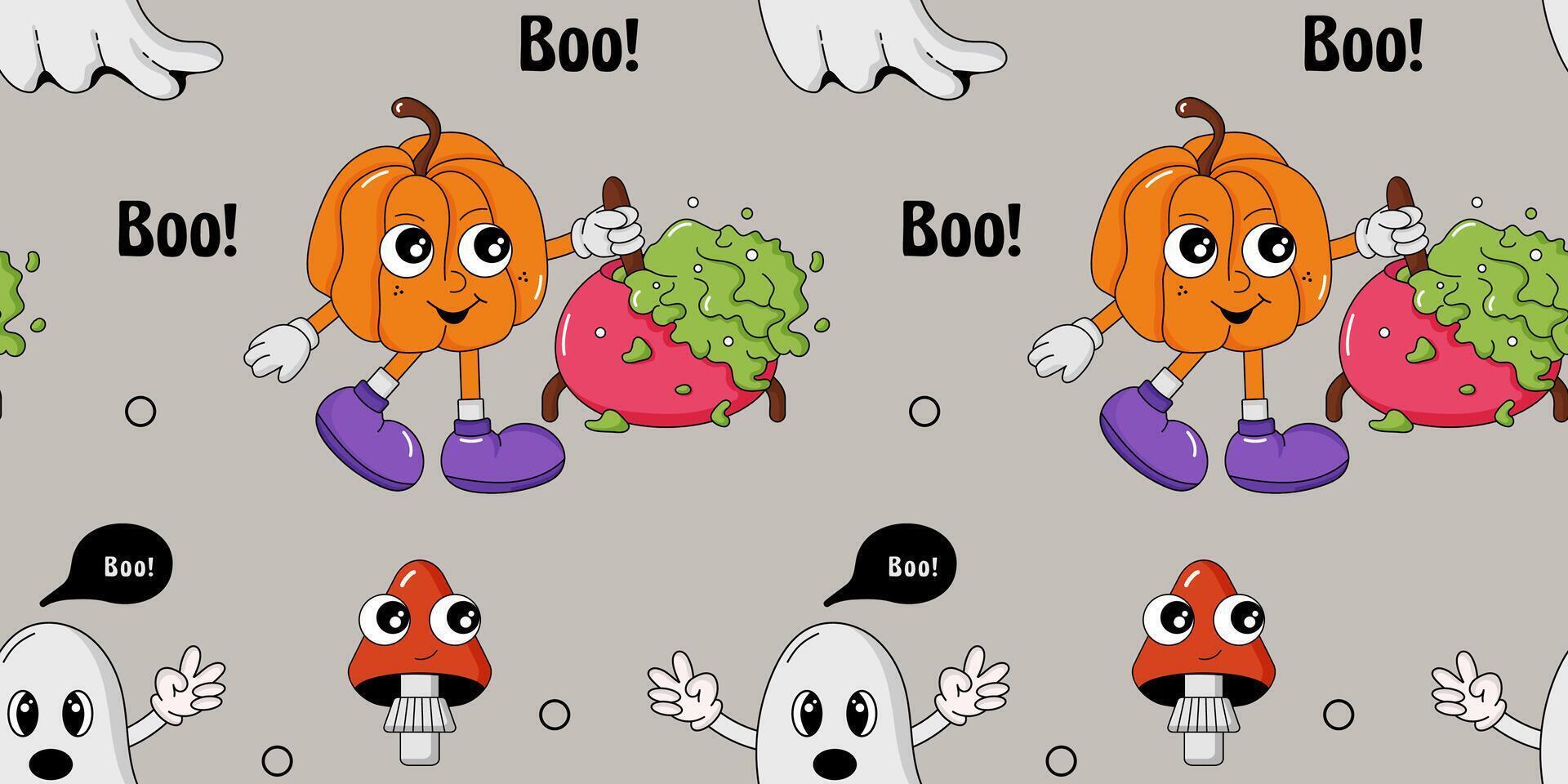 Bright seamless pattern for Halloween. Retro vintage pattern with pumpkin, potion, mushroom and ghost vector