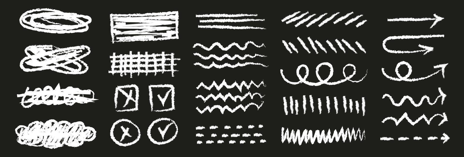 White charcoal squiggle shapes, arrows and lines set. Set of charcoal doodle elements. Scribble shapes, lines and arrows with grunge charcoal texture vector