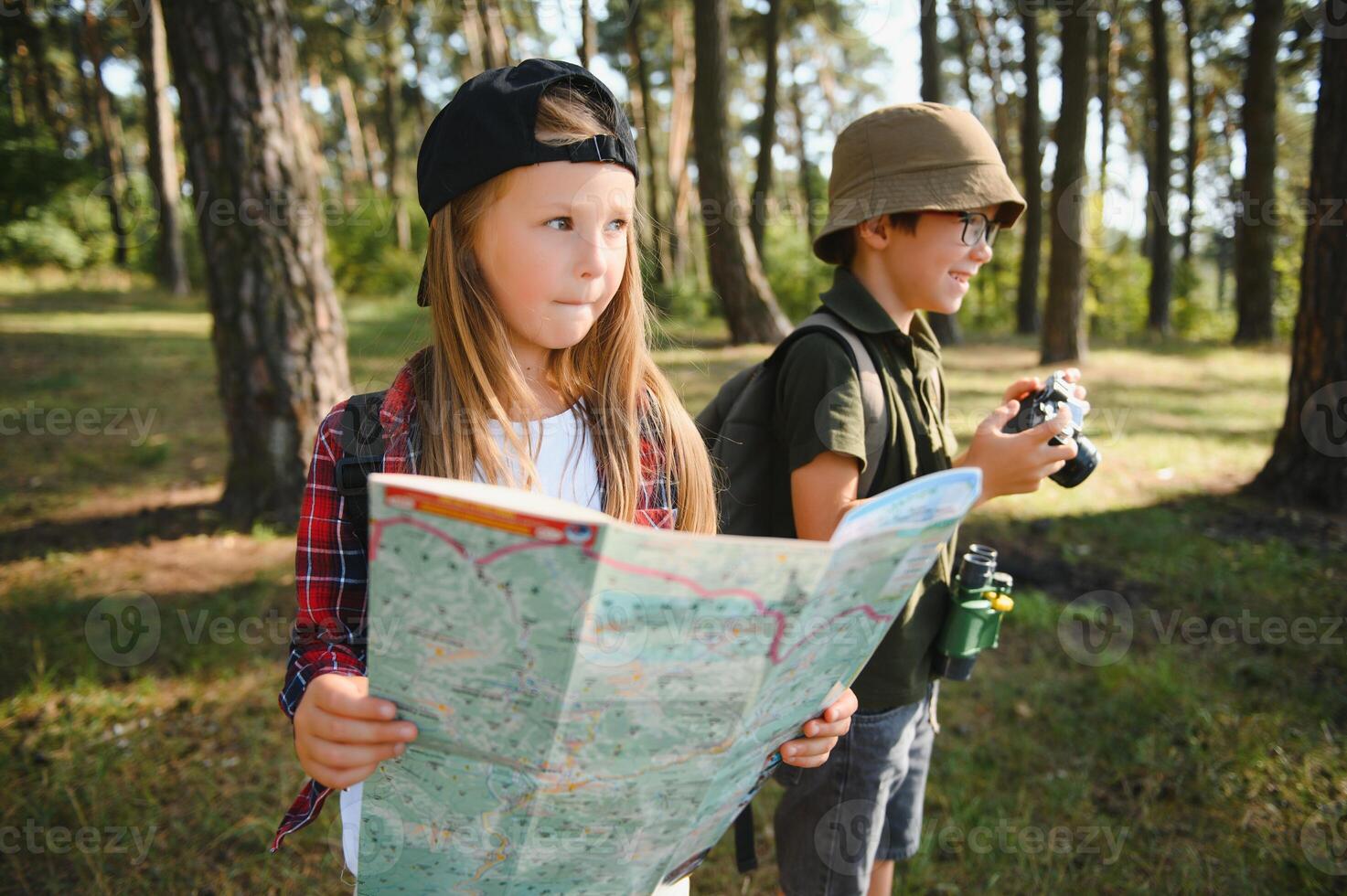 niña explorar fritura Malvaviscos en fuego a el bosque. foto