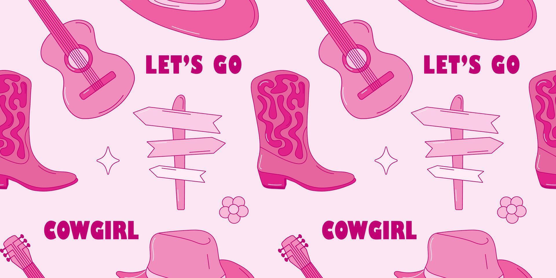 Pink cowgirl seamless pattern. Set of wild west pattern in pink color. Retro pink pattern with hat, flower, guitar, boots, pointer vector