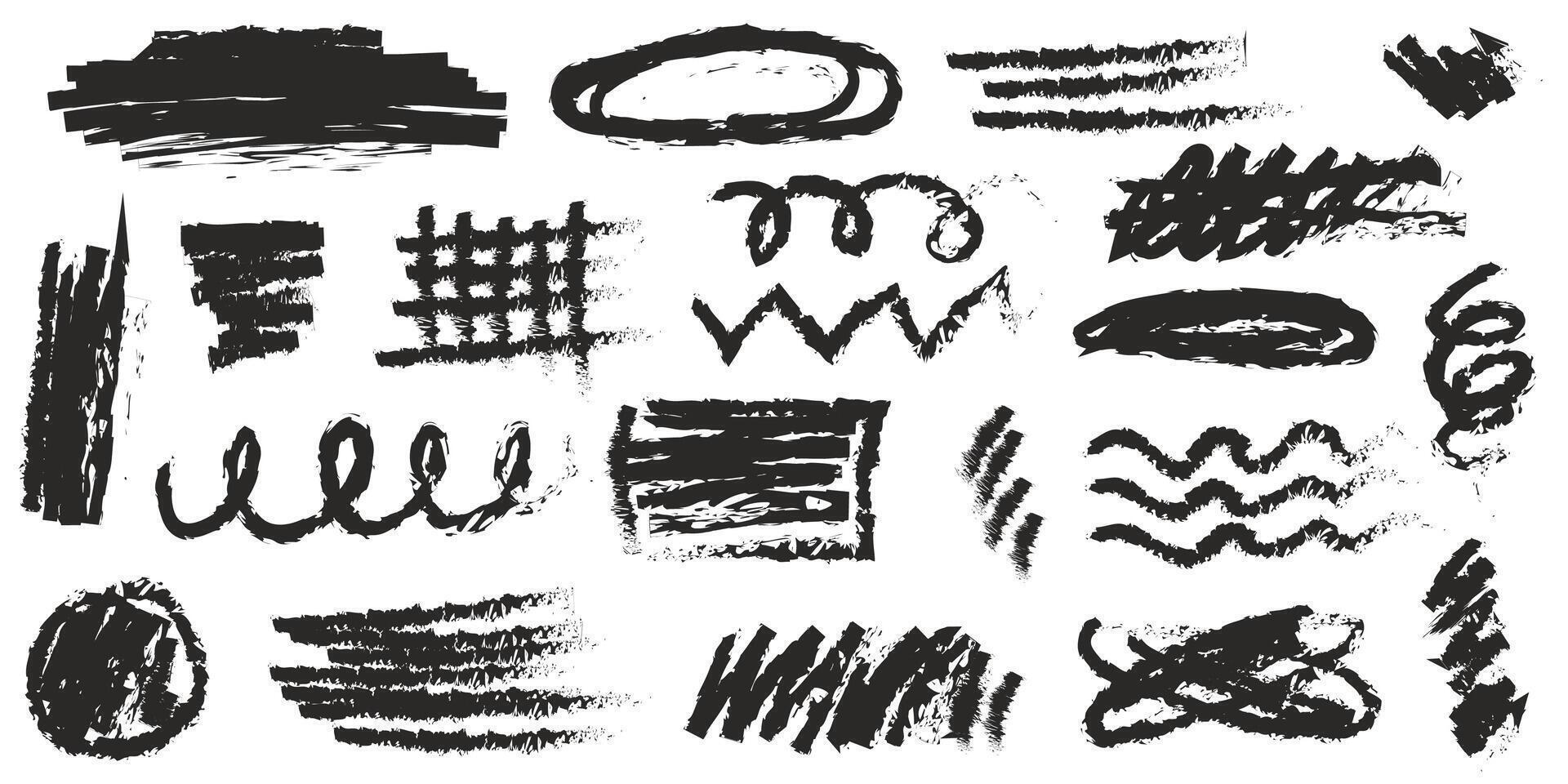 Black charcoal squiggle shapes, numbers and lines set. Set of charcoal doodle elements. Scribble shapes, lines and arrows with grunge charcoal texture vector