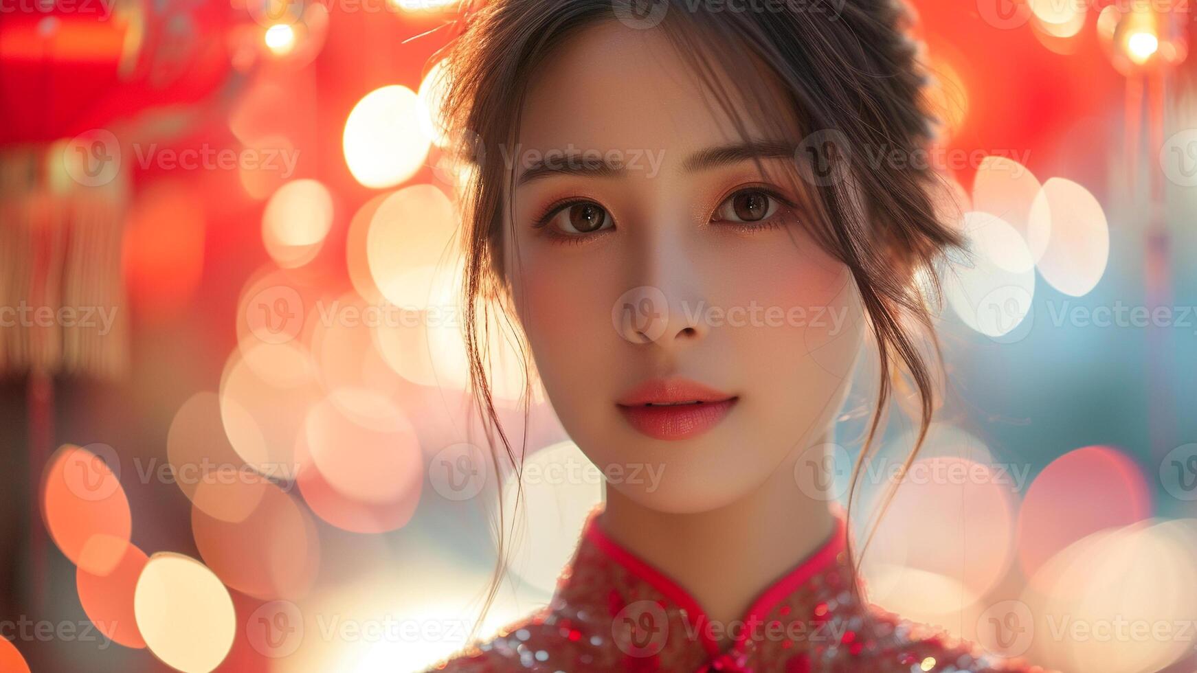 ai generado rojo alfombra glamour asiático mujer en sofisticado ropa de noche foto