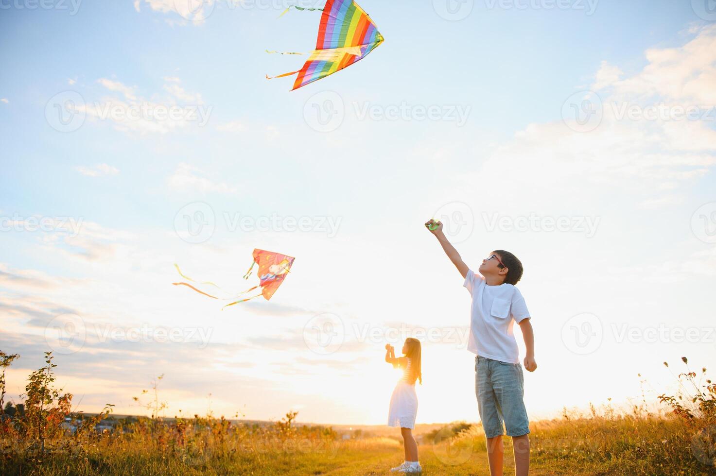 Children launch a kite in the field at sunset photo