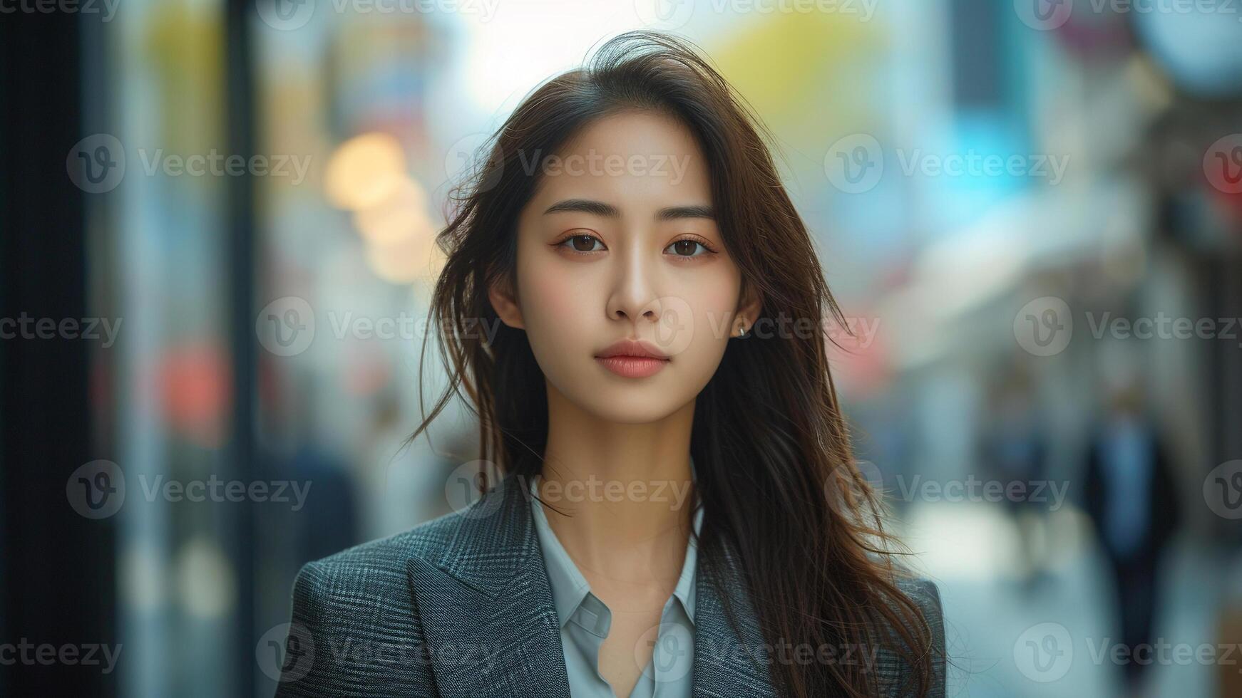 AI generated Asian Businesswoman Power Walking in Urban Chic Suit photo