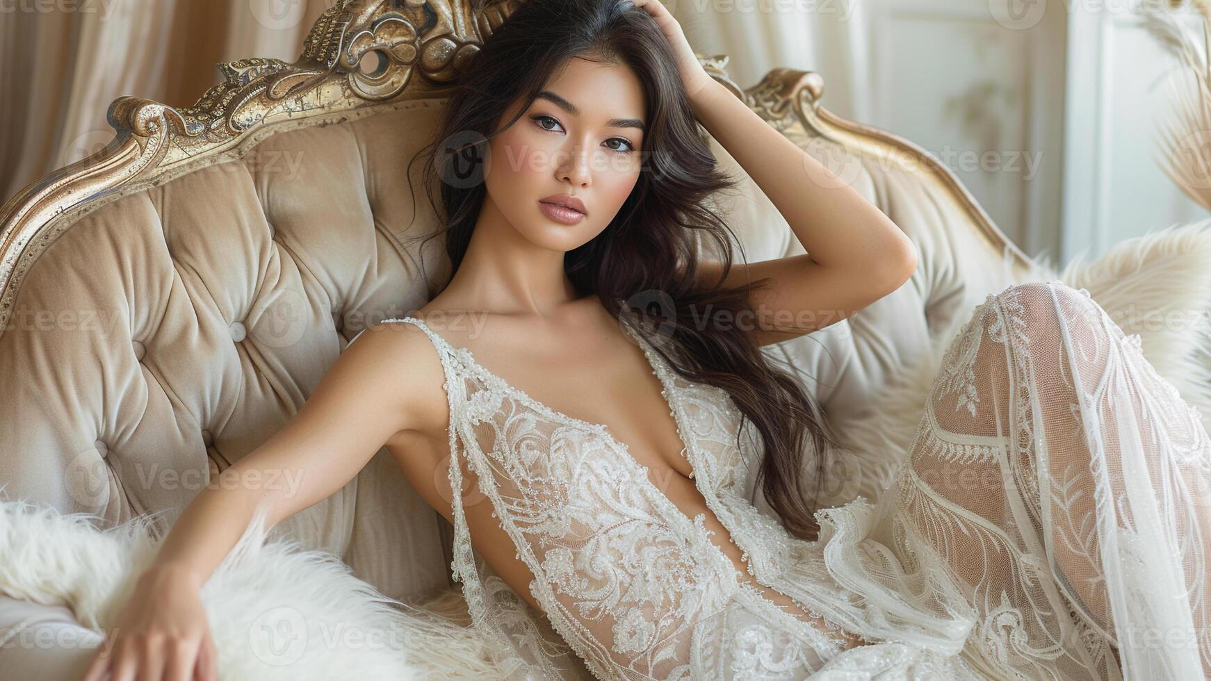 ai generado lujo estilo de vida elegante asiático mujer descansando en ático suite foto
