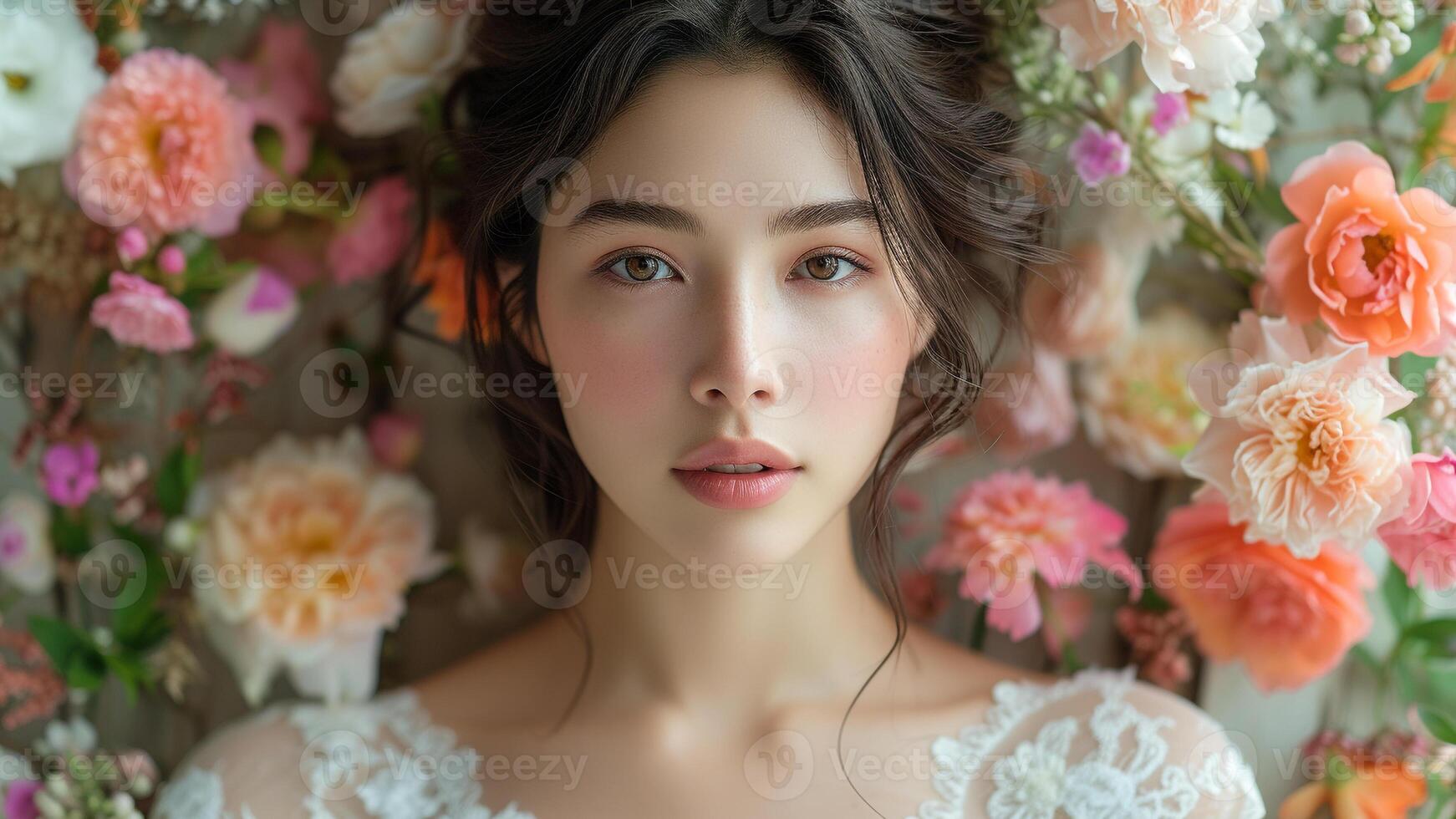 AI generated Bridal Beauty Asian Woman in Timeless Garden Wedding Couture photo