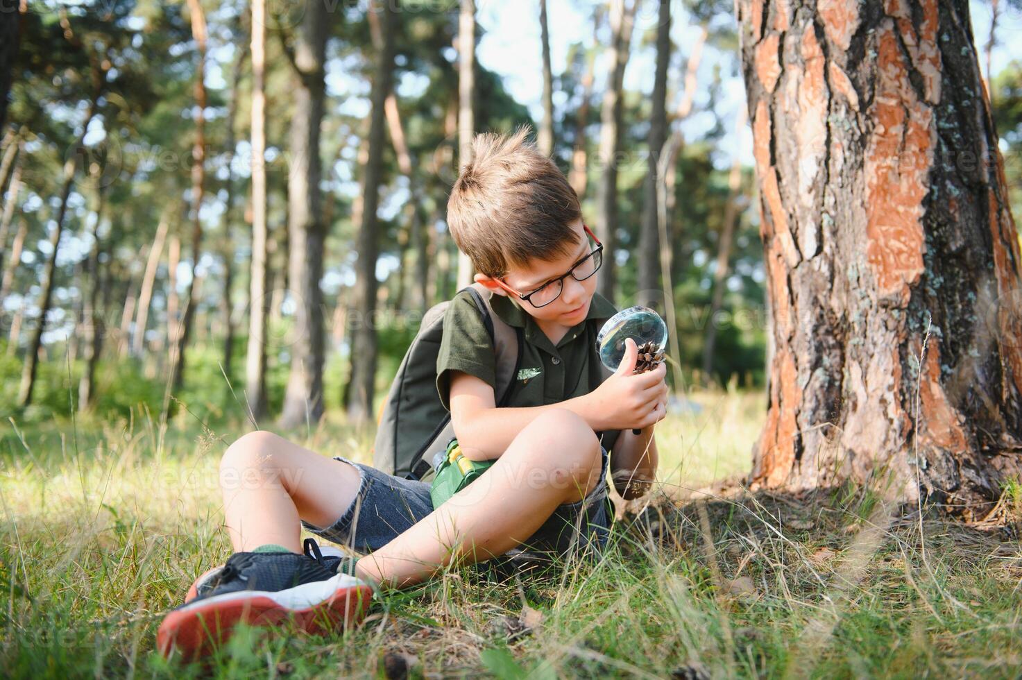 schoolboy is exploring nature with magnifying glass. Summer vacation for inquisitive kids in forest. Hiking. Boy-scout. photo