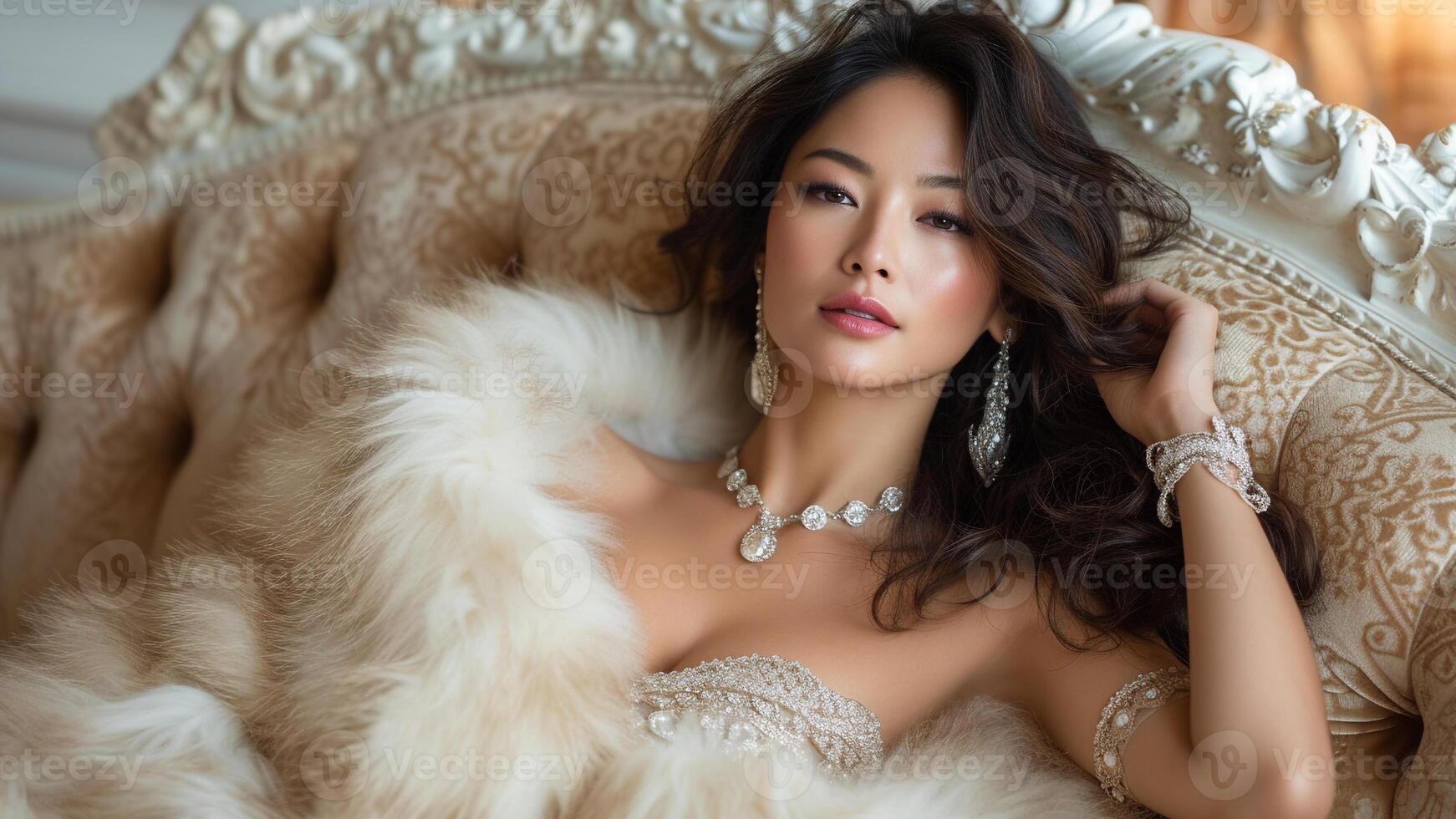 AI generated Glamour Luxurious Asian Woman Reclining in Fur and Jewels photo