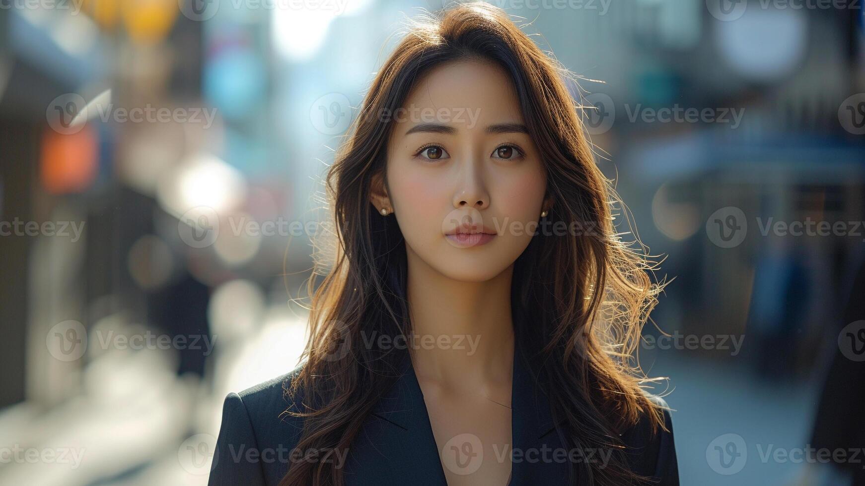 AI generated Asian Businesswoman Power Walking in Urban Chic Suit photo