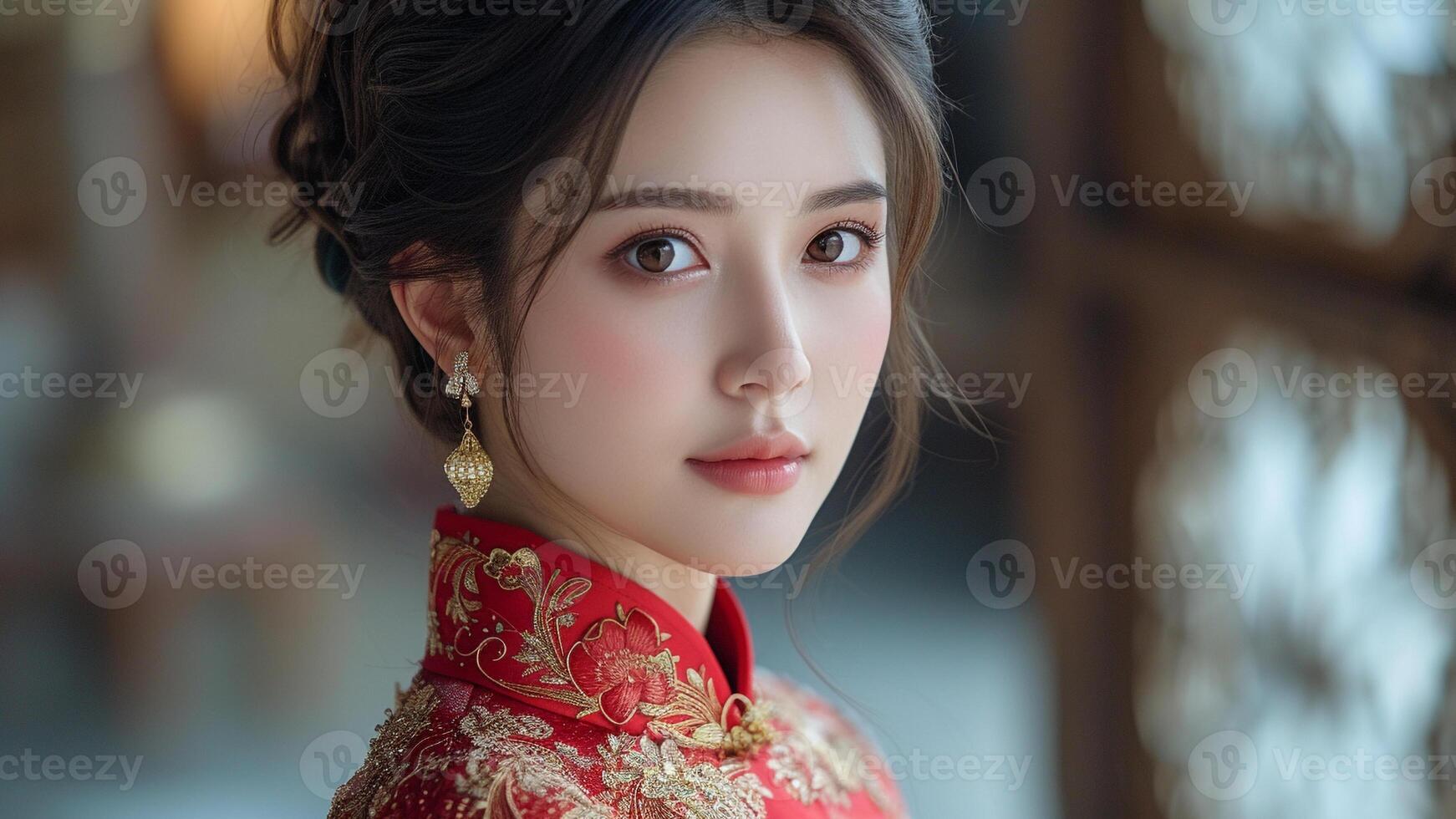 AI generated Elegant Fusion Asian Woman in Opulent Traditional Attire photo